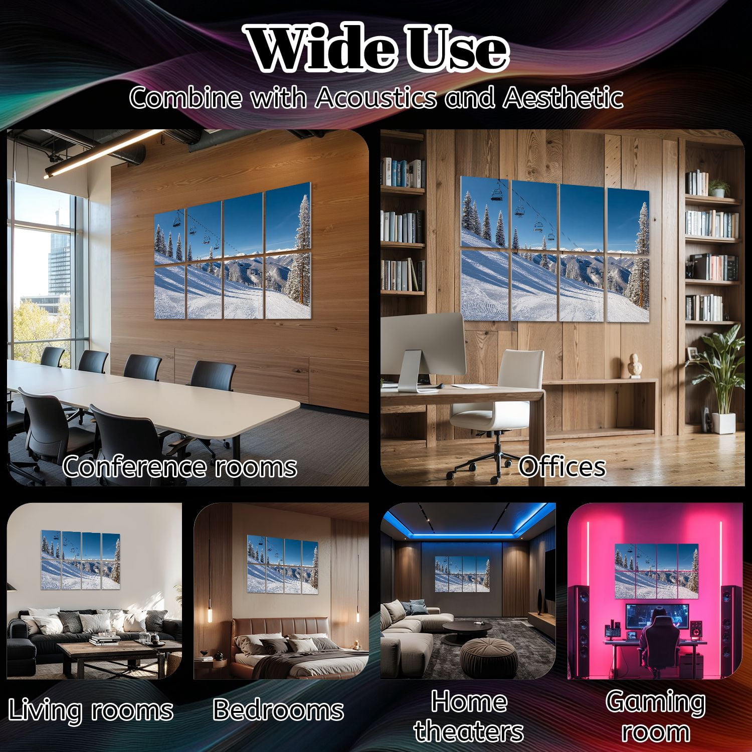 8 Pack Art Acoustic Panels Sound Absorbing Ski Lifts Back Bowls Decorative Soundproof Wall Panels Self Adhesive for Nursery Game Room Bedroom 48"x32"