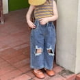 thumbnail image 6 of Besolor Toddler Boys Girls Ripped Denim Pants Kids Elastic Waist Washed Wide Leg Jeans Baby Clothes 2-7 Years, 6 of 8