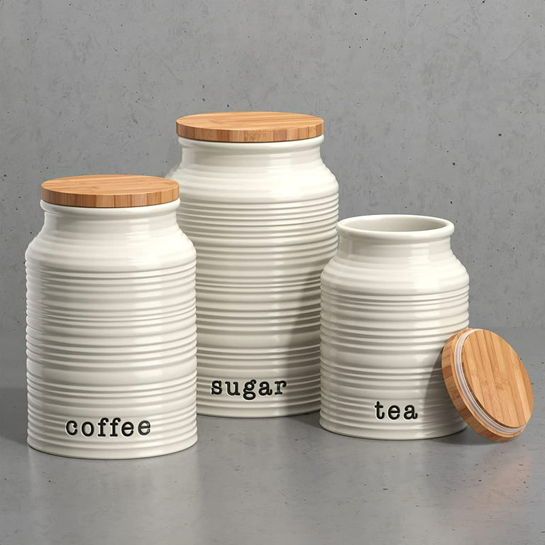 Kitchen Canisters Set of 3, Airtight Sugar, Tea & Coffee Containers, Rustic  Farmhouse Food Storage Canister Jars - White