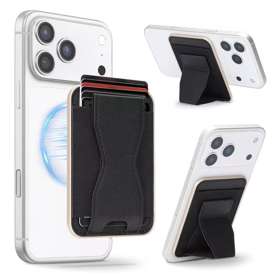 Magnetic Phone Card Holder with Kickstand, Leather Phone Card Holder Stick on Wallet for Ultra Slim Card Holder for Back of Phone Removable Secure Phone Wallet Card Holder Wallet