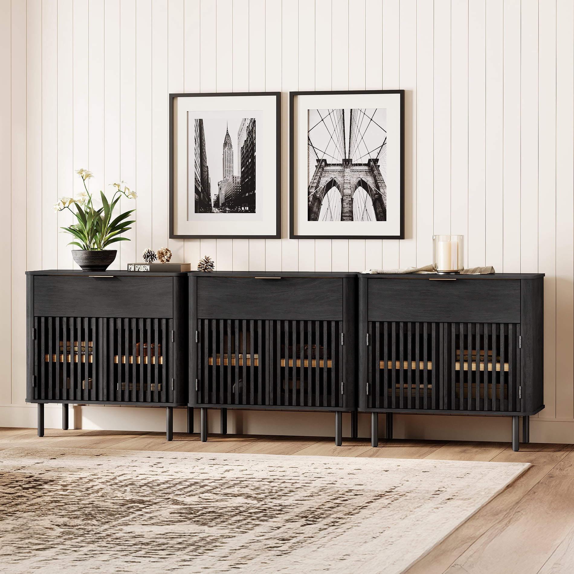94.5" Sideboard Buffet Cabinet with Storage - Fluted Kitchen Credenza Cabinet with Pop-up Doors and Drawer, Black
