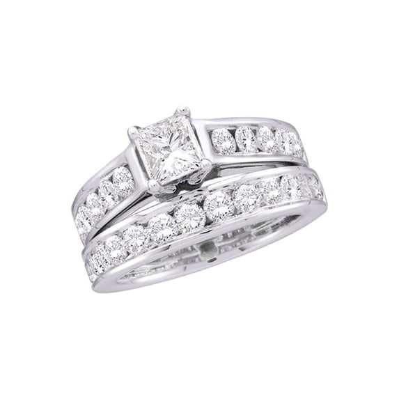14kt White Gold Princess Diamond Bridal Wedding Ring Band Set 2 Cttw