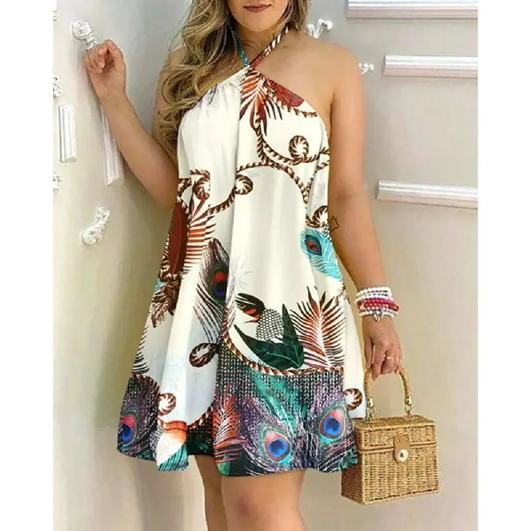 Tropical Print Halter Neck Dress, Vacation Style Backless Dress For Spring  & Summer, Women's Clothing - Walmart.com