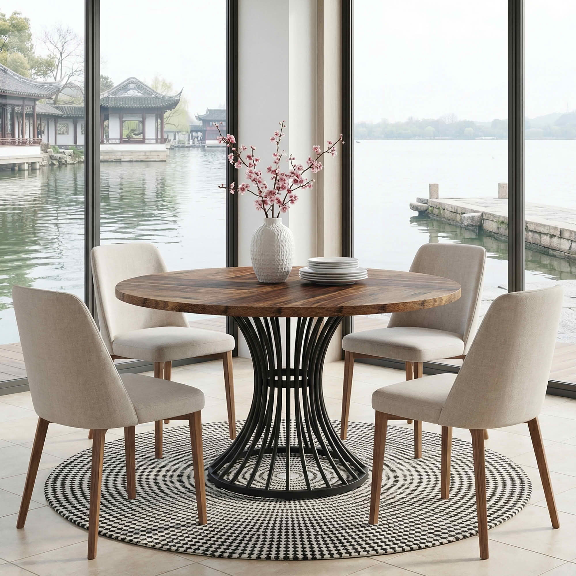 MAYEERTY 47" Round Hourglass Farmhouse Dining Table, MDF Top & Metal Base, 6-Person Versatile Table for Home & Cafe