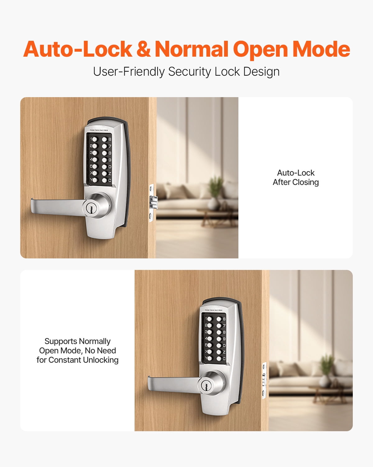 KFFKFF Non-Electronic Secure Entry Door Lock, 14-Key Mechanical Lockset with Key Option, Manual Keyless Door Lock with Handle, Durable Stainless Steel Weather-Resistant Lock for Home Office