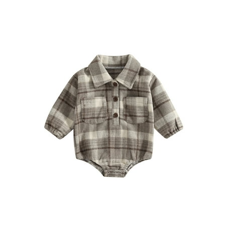 

Qtinghua Newborn Baby Boy Plaids Romper Long Sleeve Lapel Button Bodysuit Top One Piece Gentleman Fall Clothes Gray 0-6 Months