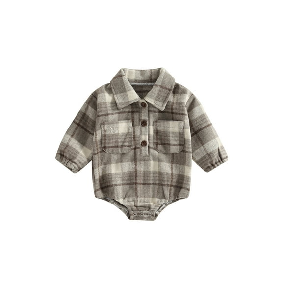 Aunavey Baby Boy Girl Flannel Plaid Shirt Romper Lapel Button Down Bodysuit Tops Fall Winter Clothes