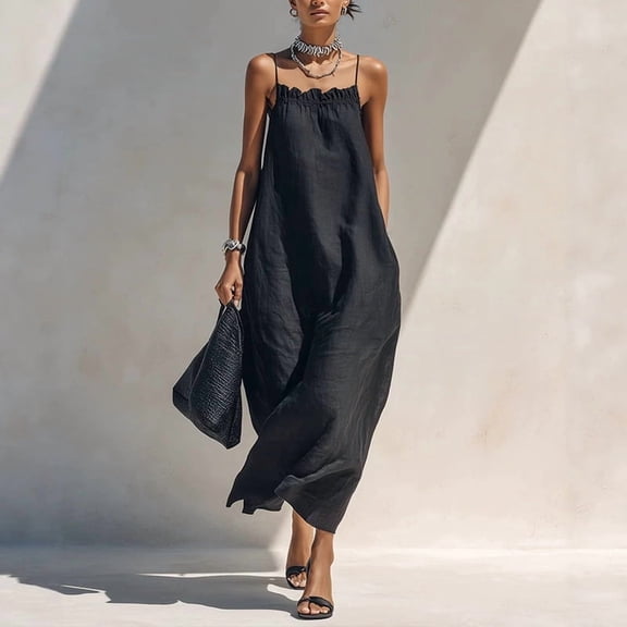 Morttic Women's Thin-Strap Ruffle Collar Camisole Loose Beach Dress – Side Pockets Solid Color Minimalist Summer Maxi Dress Black,S