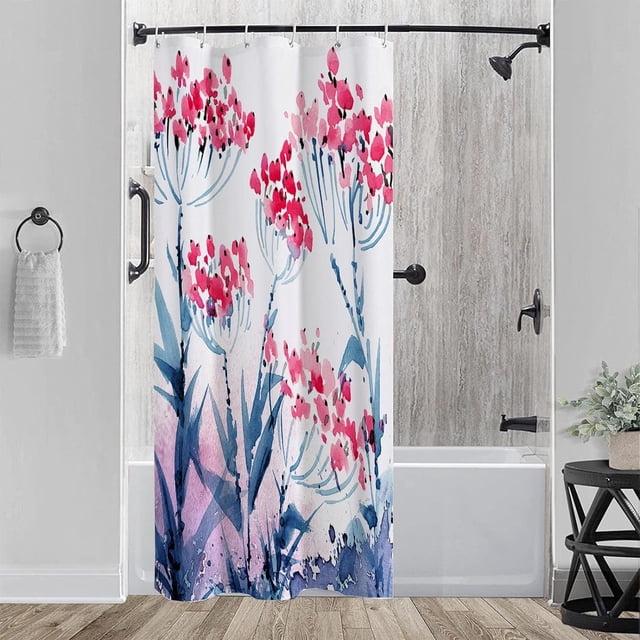 Cortina de ducha pequeña de 91 x 183 cm con diseño de flores pintadas en acuarela y ganchos, con diseño de plantas umbelíferas rojas y azules, impermeable para decoración de baño.