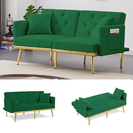 Ufurpie Velvet Convertible Sofa,3 Angles Adjustable Back Sofa Bed,Couch Sleeper,for Living Room,Apartment,Green