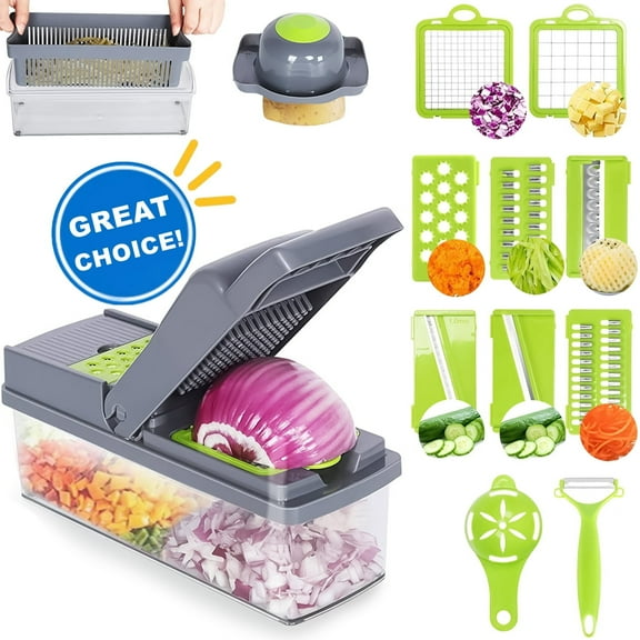 14 in 1 Multifunctional Vegetable Onion Chopper Dicer Slicer, Kitchen Mandoline Food Chopper Cutter Slicer with 8 Blades, Carrot and Garlic Chopper with Container
