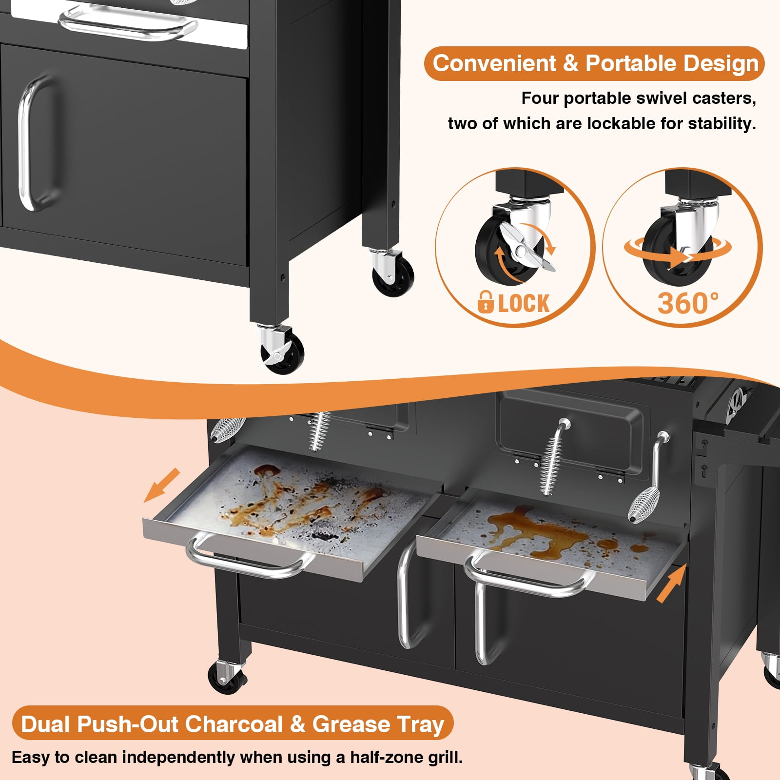 Frizi Charcoal Grill Outdoor BBQ  Cooking Grill with2 Individual Lifting Charcoal Trays and 2 Foldable Side Tables