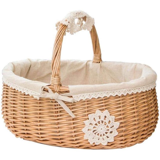Cesta de mimbre Cesta de mimbre Cesta de la compra Cesta de picnic Cesta de transporte Cesta de mimbre maciza, ovalada Cesta para niños Práctica cesta de mimbre con encaje y forro textil.(A)
