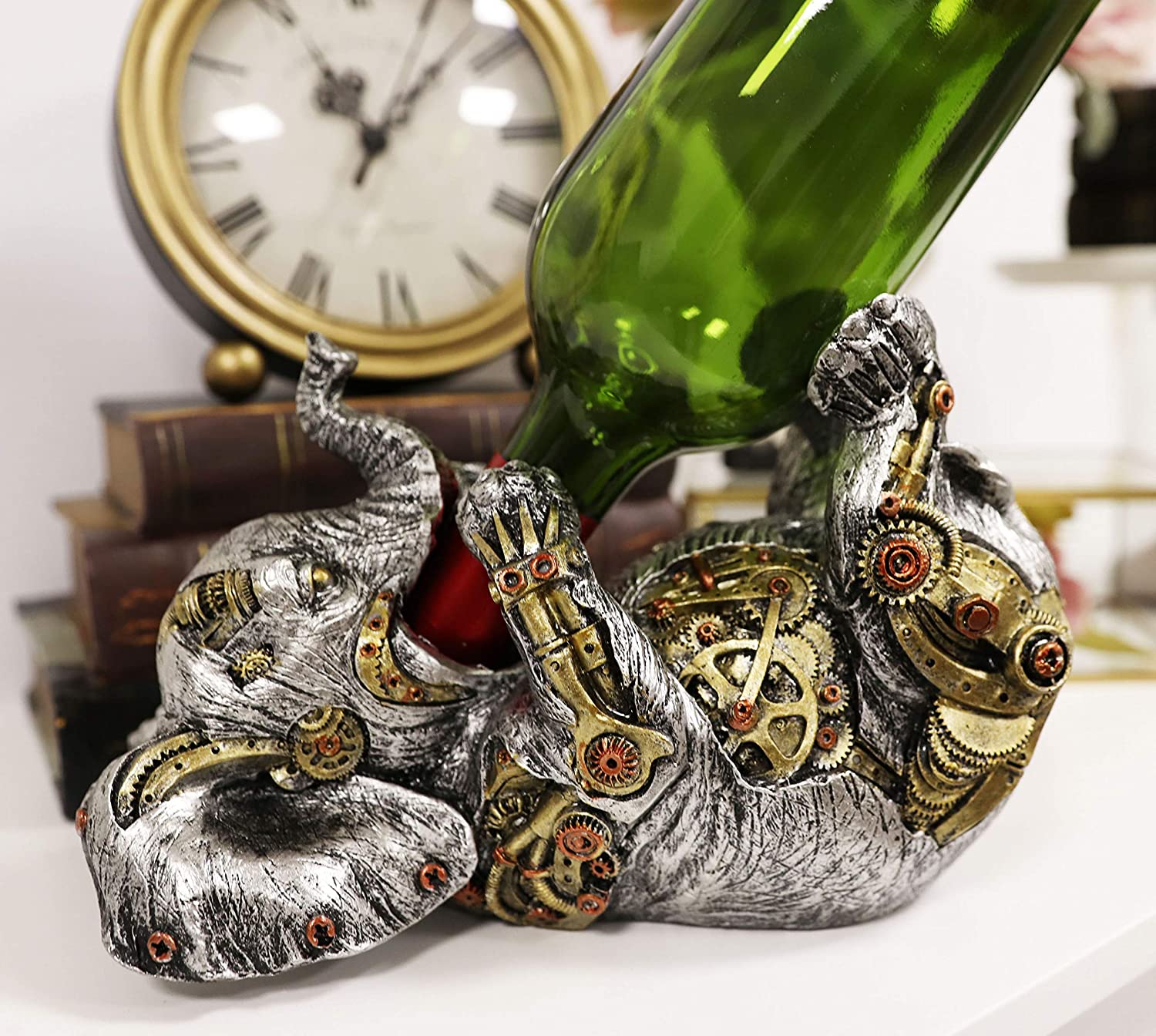 Ebros Steampunk Elephant Wine Bottle Holder Figurine 9" L with Painted