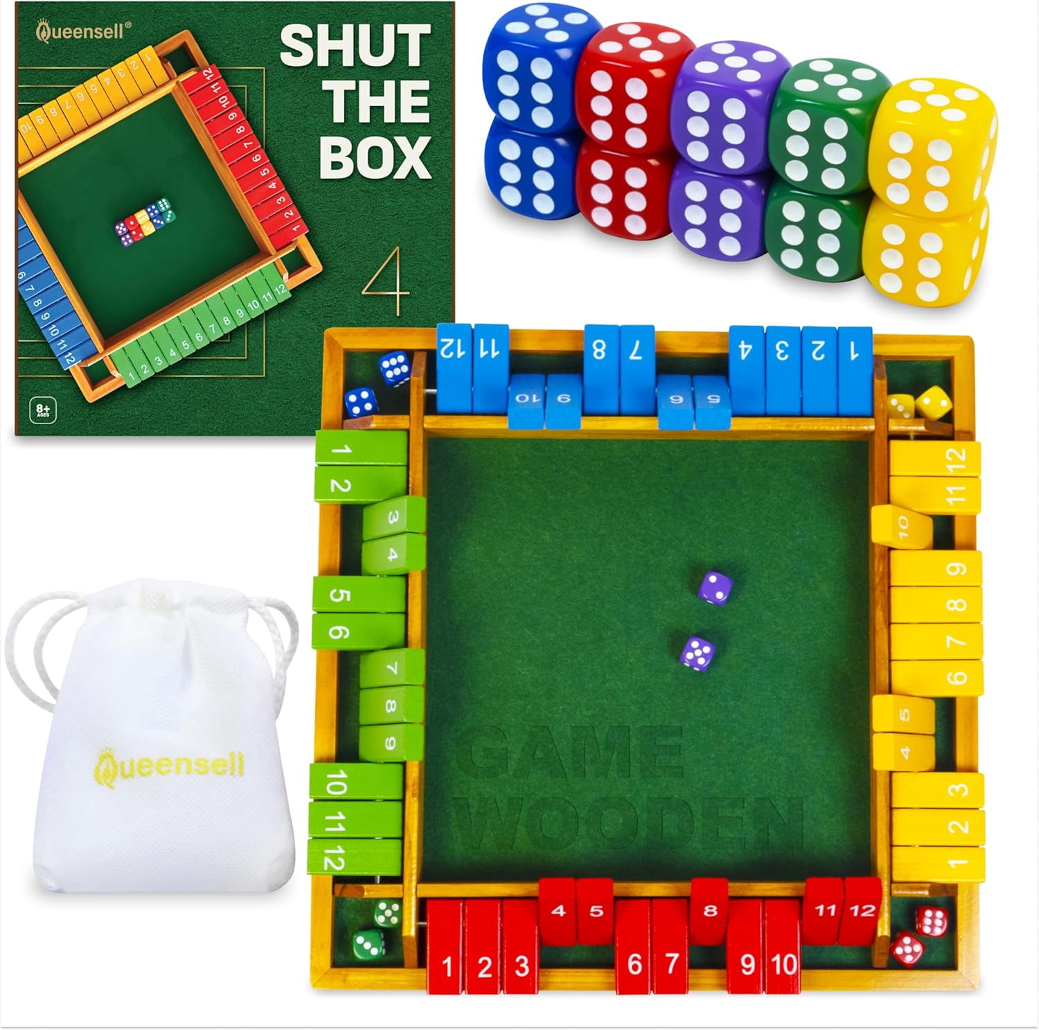 Shut The Box Game Wooden For 4 Players - Math Games -Family Games For Kids And Adults - 14-inch Close The Box Game 12 Numbers - Family Board Games