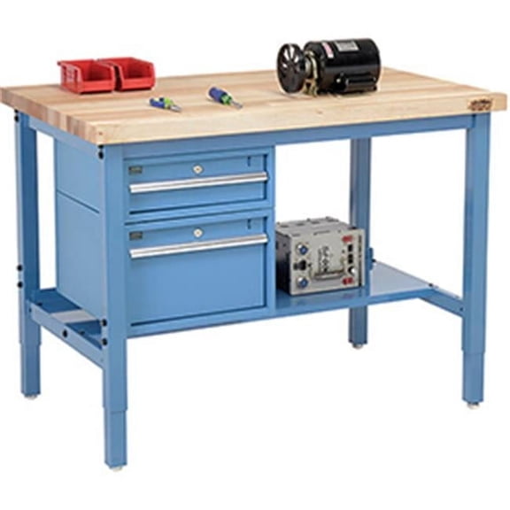48 x 30 in. Production Workbench - Maple Butcher Block Square with Drawers & Shelf, Blue