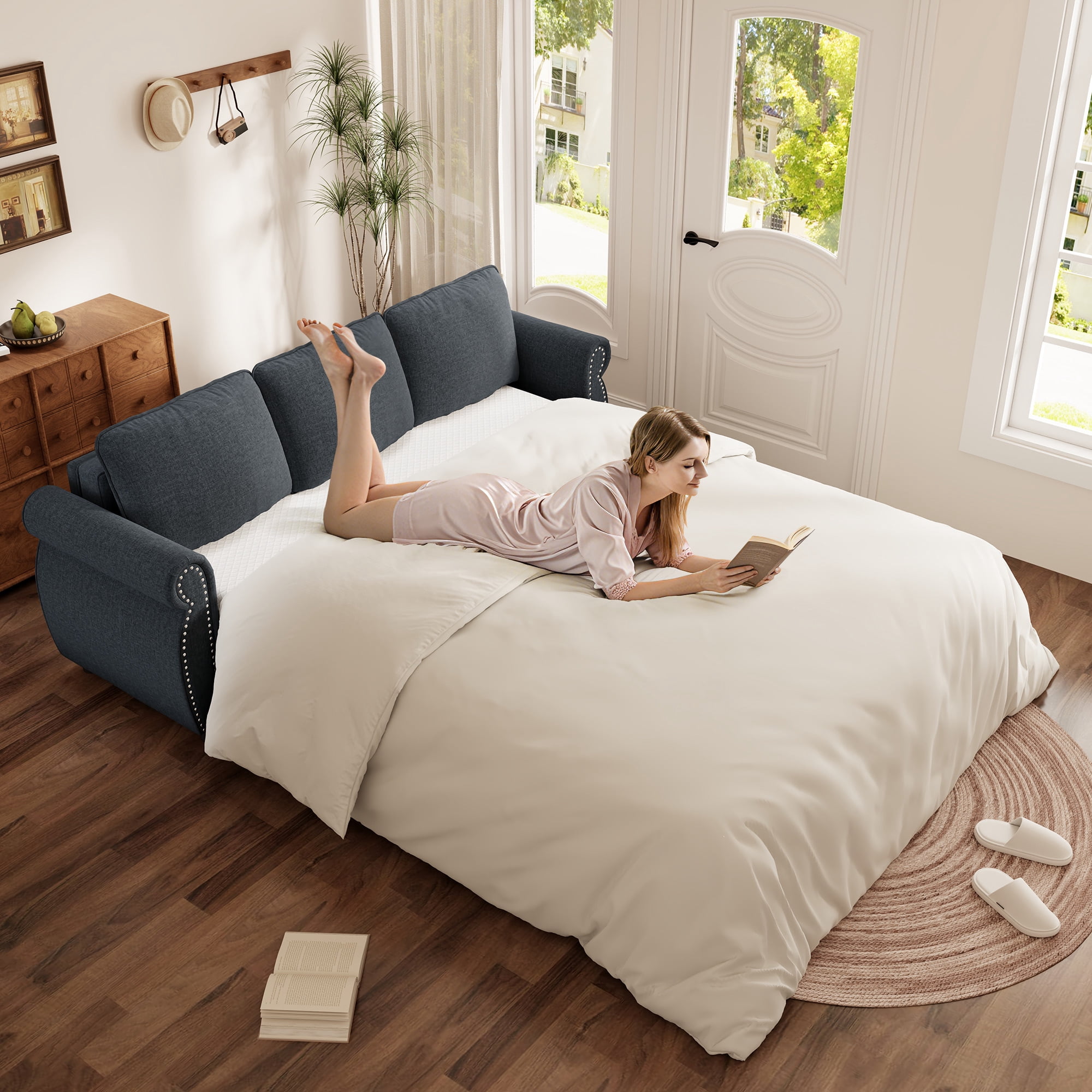 Muumblus Queen Size Pull Out Sofa Bed, 2-in-1 Convertible Sleeper Couches with Memory Foam Mattress, 3 Seat Sleeper Couch Beds for Living Room, Dark Gray