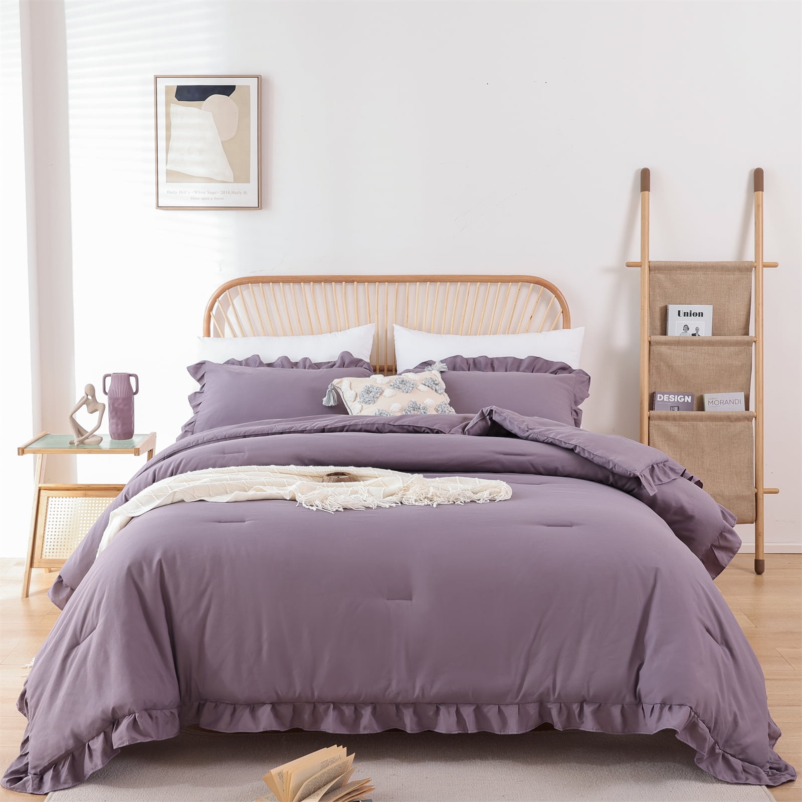 SPRINDAY King Size Comforter Set For Adult, 3 Piece Ruffle Purple Comforter Sets All Season