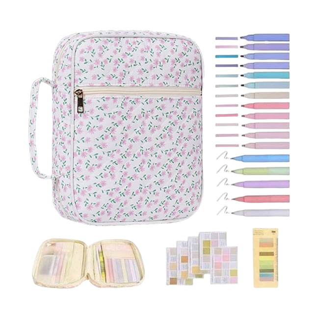 Study and Travel Journal Organizer with Quilted Book Cover Handles Zipper Closure and Highlighter Tabs for Secure Carrying