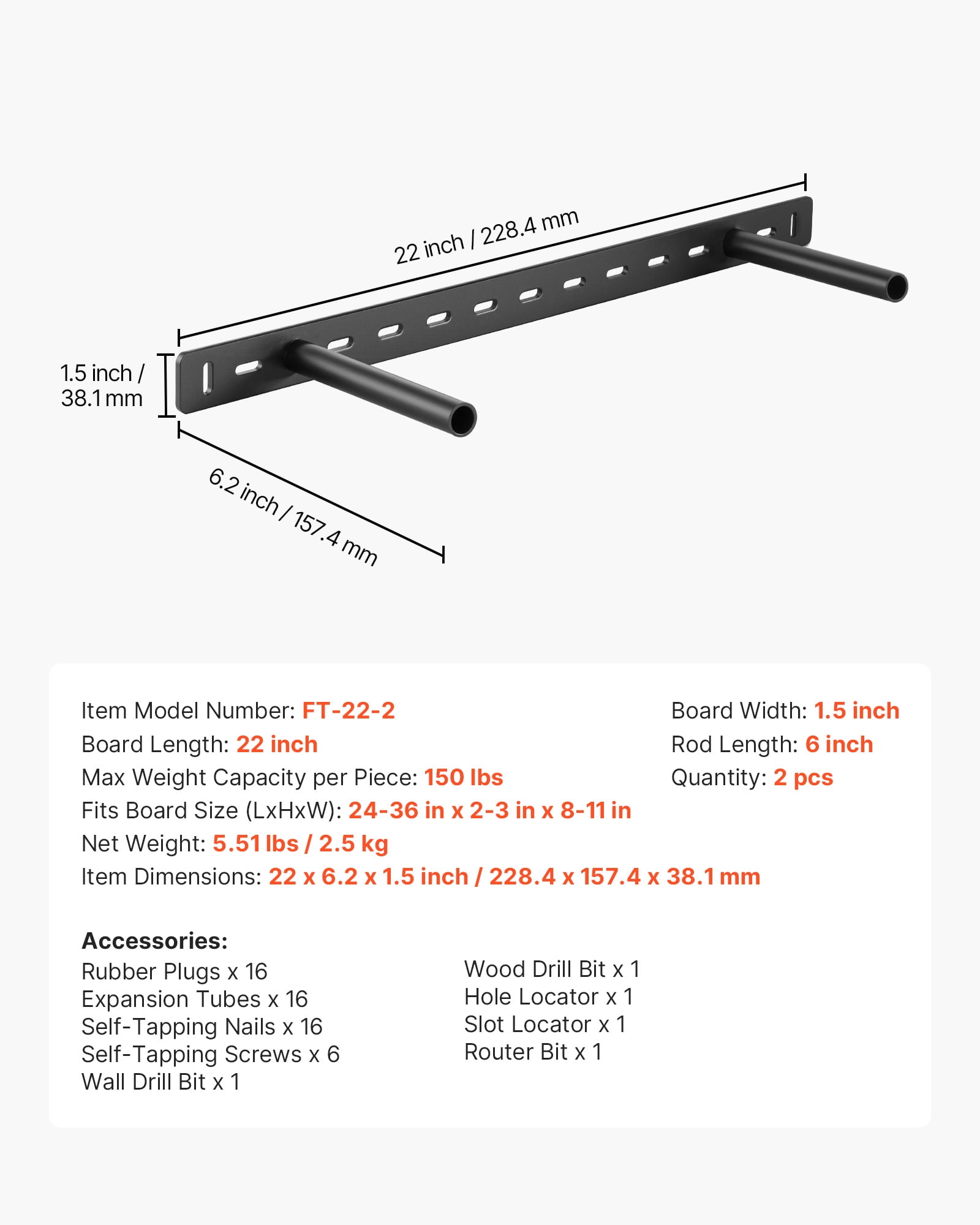 VEVOR Floating Shelf Brackets 2 Pcs, 150 lbs/68 kg Weight Capacity, 22x6.2x1.5 inch / 558.4x157.4x38.1 mm, Heavy Duty Hidden Shelf Brackets Support, Wall Mounting Invisible Floating Shelves Bracket
