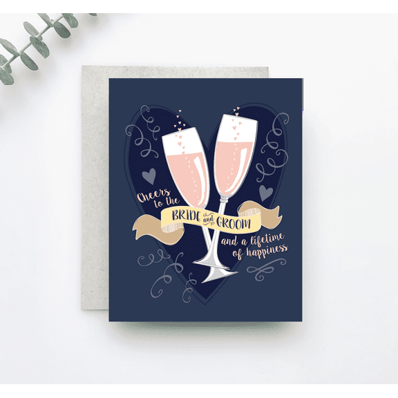 Cheers to the Bride and Groom Wedding Card – Elegant Champagne Glass Design – Blank Inside with Envelope Included – Ideal for Celebrating Marriage and Anniversaries