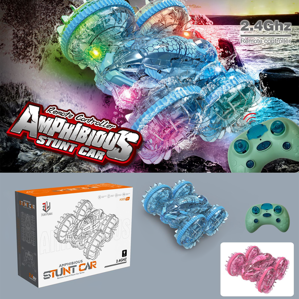 Shark Amphibious Stunt Waterproof Light Remote Control Car,Magnetically Controlled RC Car
