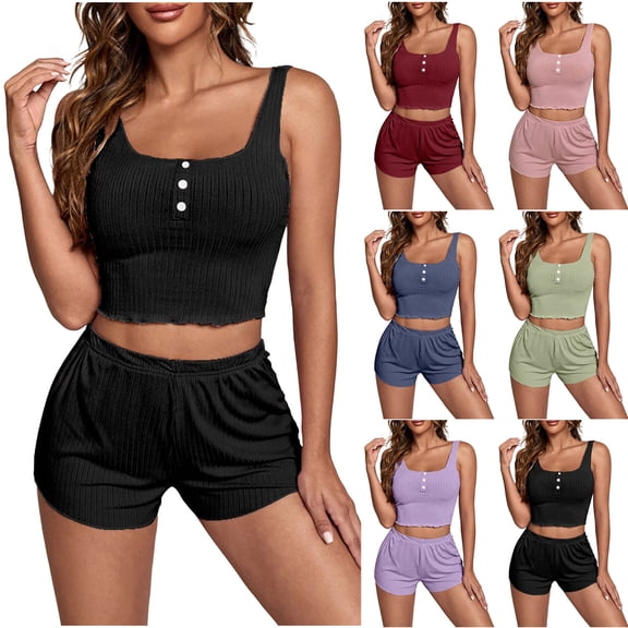 Ashirexll Pajamas for Women Set, Two Piece Sets for Women, Nightshirt Sleeveless Top and Short Pants Home Loungewear Set