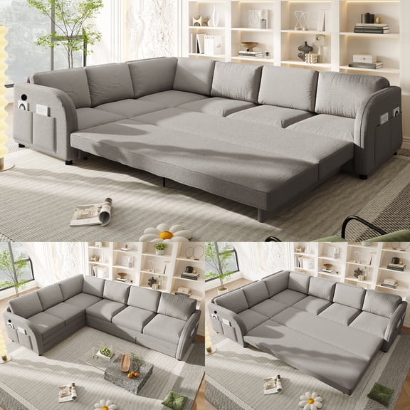 LLappuil Sectional Sofa, 115" Sectional Couch with Pull Out Sofa Bed King Size, 6 Seat Teddy Sofa Convertible Sofa Bed for Living Room Light Gray