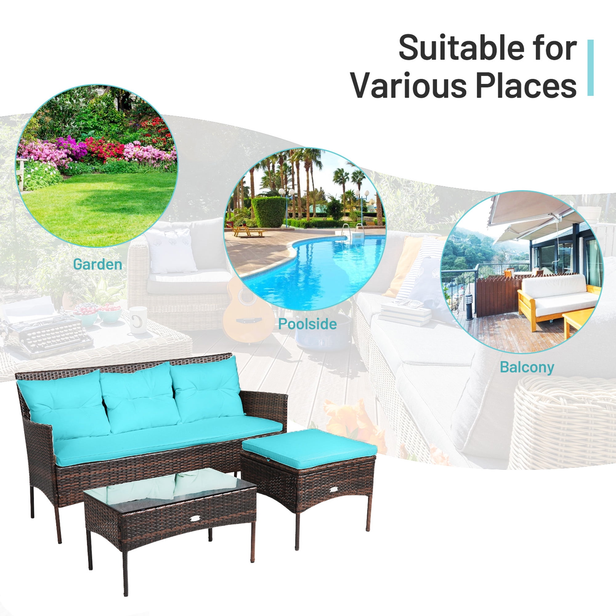 Gymax 3PCS Patio Rattan Sectional Conversation Furniture Set w/ Turqouise Cushions
