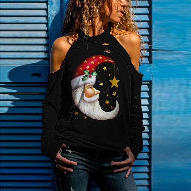 Pntutb mujeres moda Navidad sin tirantes impresión manga larga blusas sudadera tops Pntutb Pntutb-883