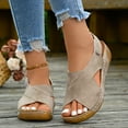 thumbnail image 2 of Womens Sandals Sandal Womens Rope Sandals with Toe Strap Women Beach Shoes Platform Shoes Flat Scandals Ladies Summer Retro Solid Color Leather Slope Heel Thick Bottom Large Size Fish Mouth Brown 7.5, 2 of 9