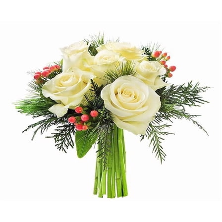 KaBloom : 6 White Roses, 3 Red Hypericum Berries, 6 Greens, Next-Day Delivery.