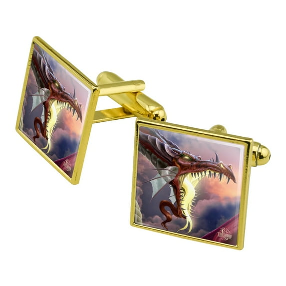 Fantasy Fire Breathing Dragon Flame On Square Cufflink Set - Silver or Gold