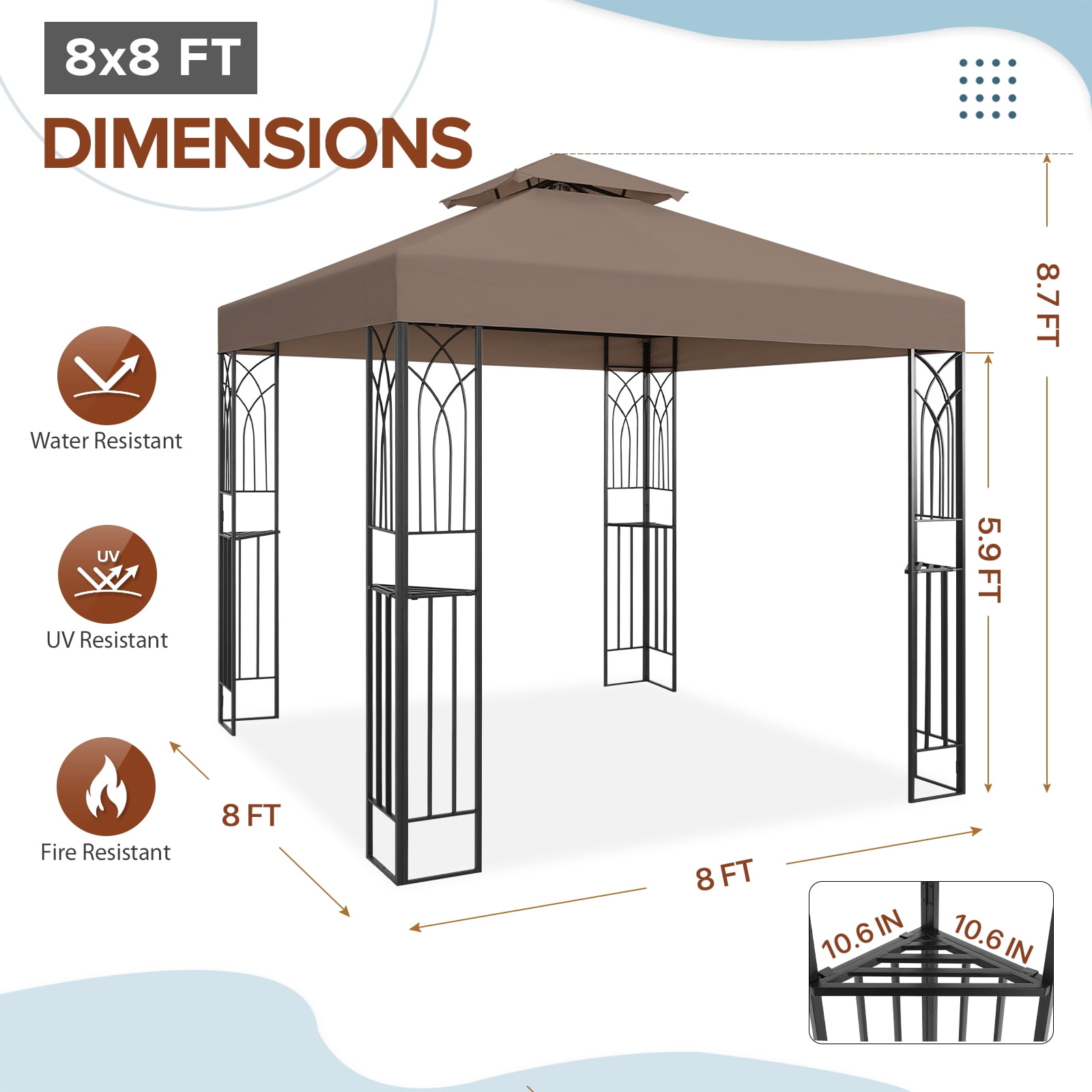 EAGLE PEAK 8 ft. x 8 ft. Outdoor Patio Gazebo with Double Roof,Brown