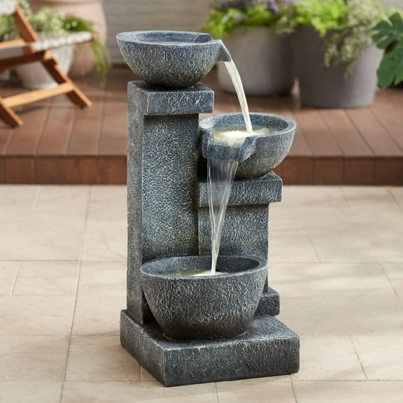 Three Bowls 32 1/4" High Large Modern Indoor Outdoor Decor Gray Faux Stone Floor Fountain w/ Light LED Cascading