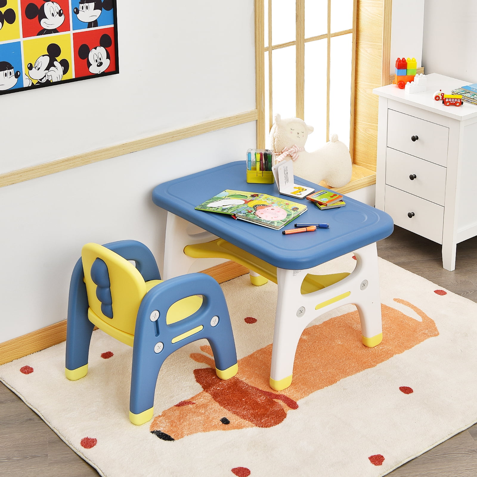 Infans Kids Dinosaur Table and Chair Set Activity Study Desk w/ Building Blocks