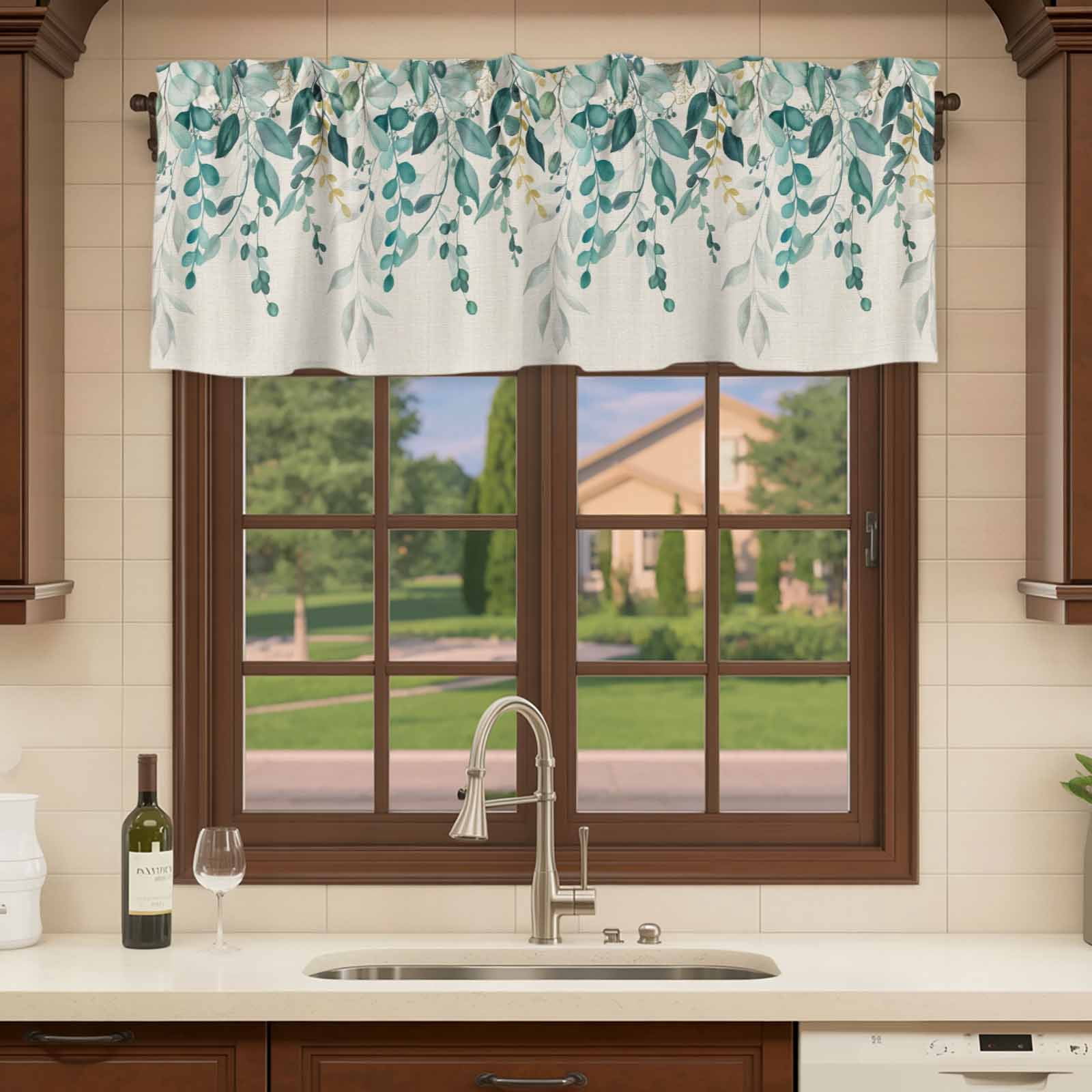 2 Pack Valances for Windows, Teal Green Eucalyptus Window Valances for Living Room/Bedroom/Bathroom, Farmhouse Weeping Leaves Linen Light Filtering Kitchen Curtain Valance 54"W x18" L