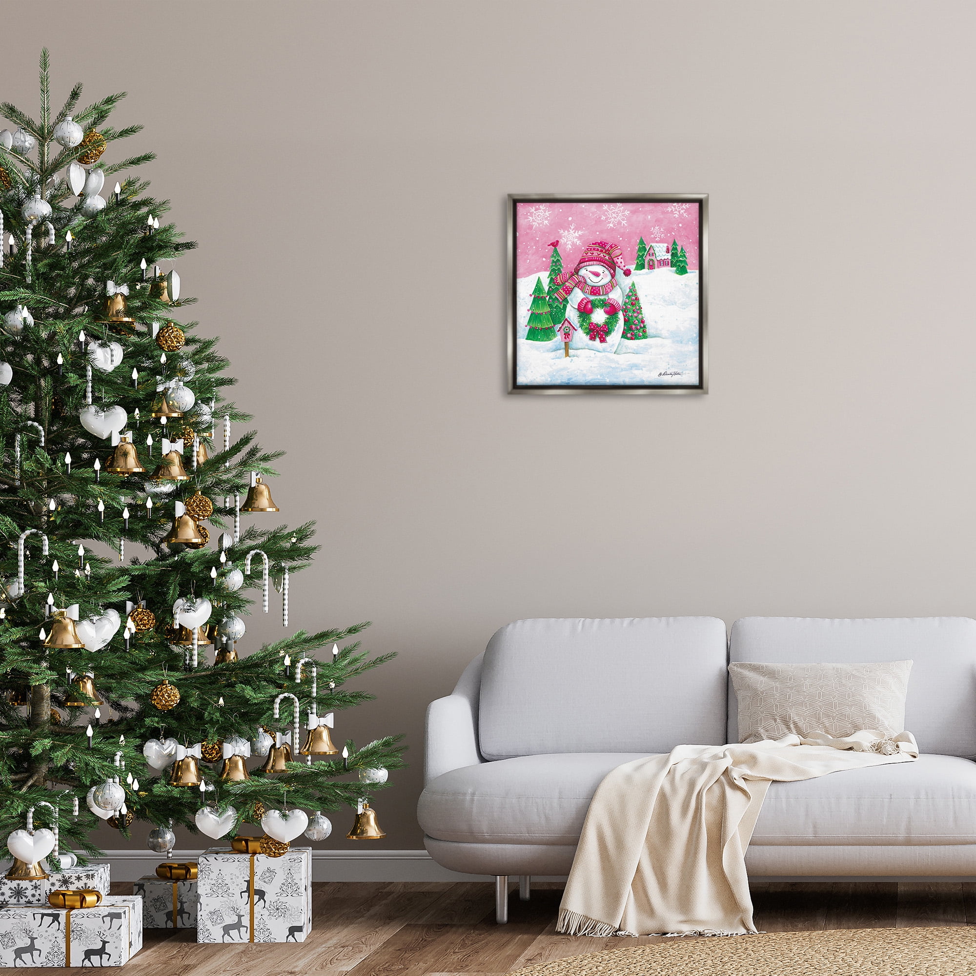 Stupell Industries Scenic Winter Snowman Holiday Painting Gray Floater Framed Canvas Art Print Wall Art, 25 x 25
