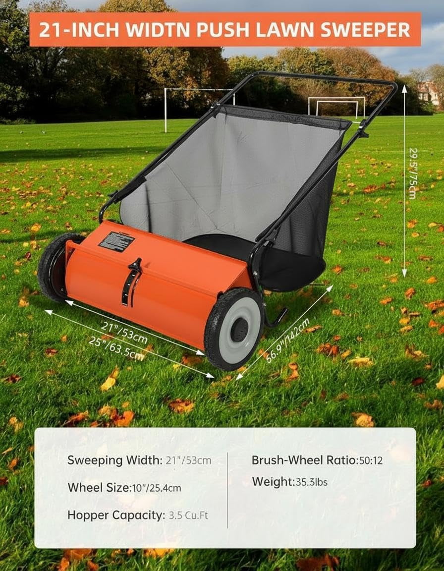 Accreate 21-Inch Lawn Sweeper With Push Design, 7 Cu. Ft. Capacity Bag, 4 Spinning Brushes, Adjustable Height, And Sturdy Steel Frame With Rubber Wheels For Leaves, Grass, And Yard Debris Collection