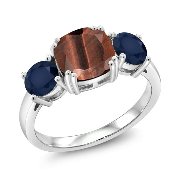 Gem Stone King 925 Sterling Silver Red Tiger Eye and Blue Sapphire 3 Stone Engagement Ring for Women (3.20 Cttw, Gemstone, Cushion 8MM, Size 7)