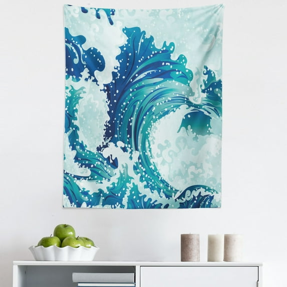 Ocean Blue Tapestry, Big Rushing Waves Marine Nature Nautical Design Tsunami Vintage Art, Fabric Wall Hanging Decor for Bedroom Living Room Dorm, 5 Sizes, Teal Pale Mint Green, by Ambesonne