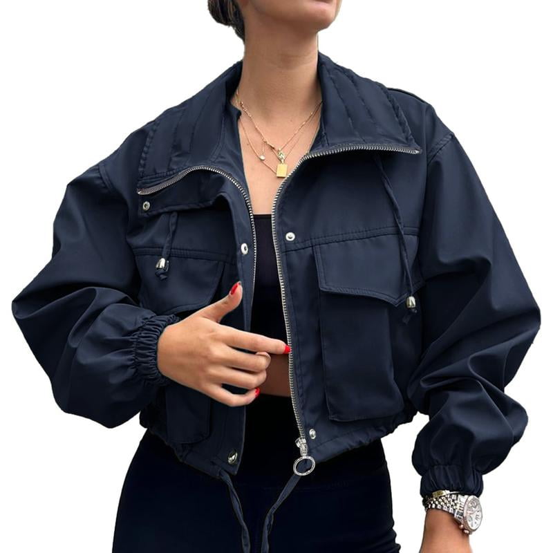 Aswulk Womens Cropped Jacket Zip Up Lightweight Oversized Utility