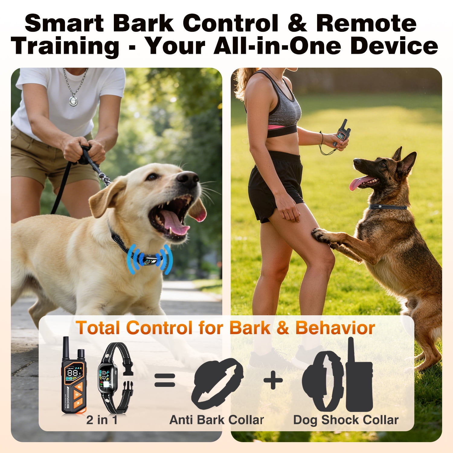 PetJoy 2 in 1 Dog Shock Collar with Remote Control，3300Ft Dog Training Collar with Beep Vibration Static Anti Barking，IPX7 Waterproof Bark Collar for Large Small Dogs with Flashlight,2 Count