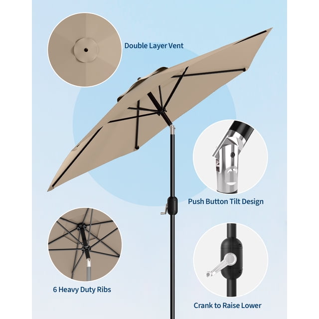 Parasol de Patio 7,5 Pi, Parasol de Marché Robuste pour Table avec Mât en Acier et 6 Baleines, Inclinaison à Bouton-Poussoir et Manivelle, Protection UV Imperméable, pour Jardin Piscine Terrasse Cour Arrière, Beige Rouge Marine Beige