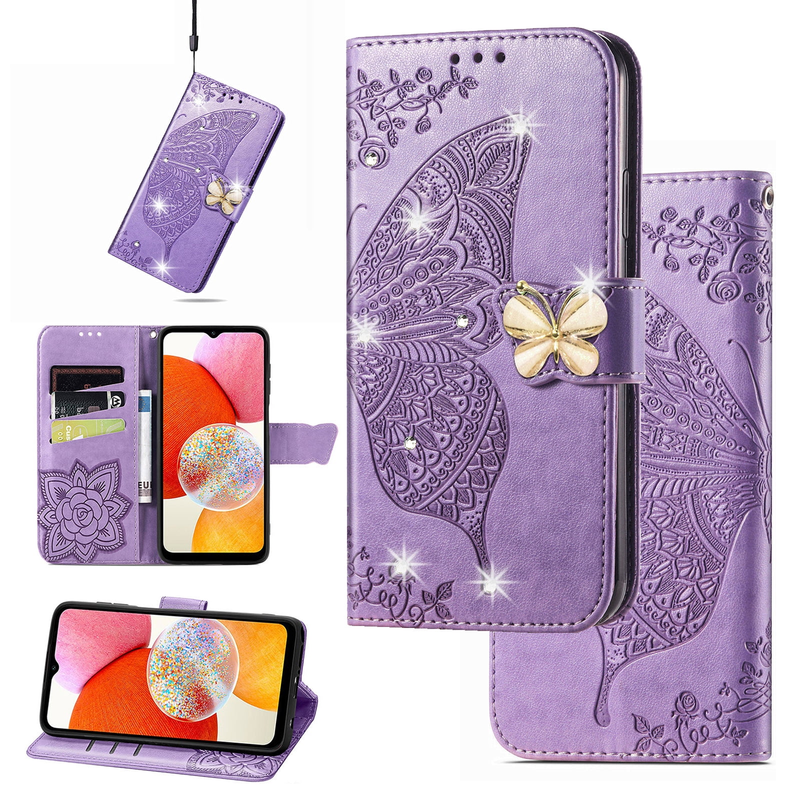 Feishell for Samsung Galaxy S25 Wallet Case for Women Girls,Bling Diamond Butterfly Embossed PU Leather Magnetic Clasp Flip Kickstand ID Credit Card Slots Phone Case with Wrist Strap,Lightpurple