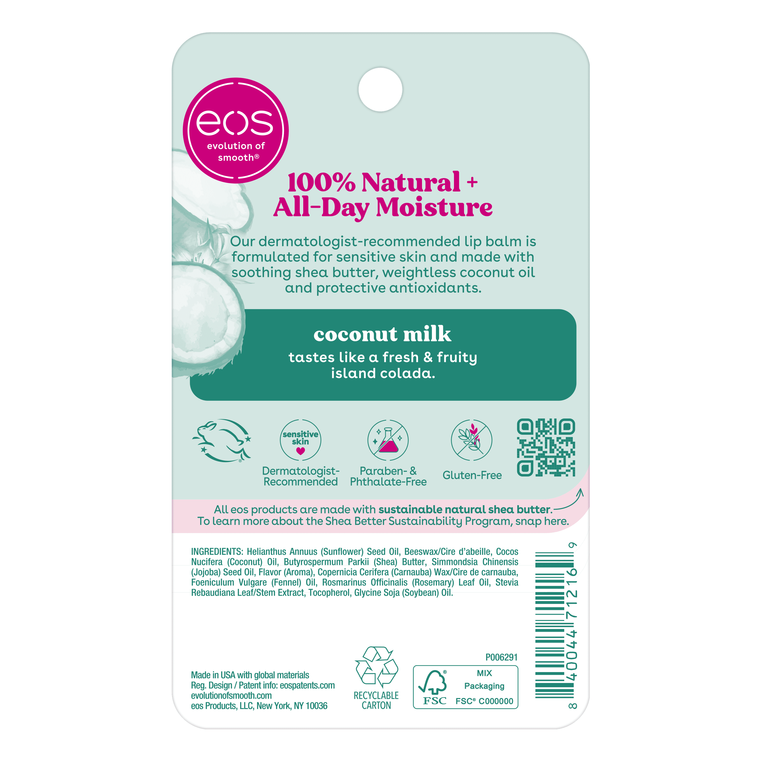 (4 pack) Eos 100% Natural Lip Balm Stick - Coconut Milk | 0.14 oz | 2-Pack