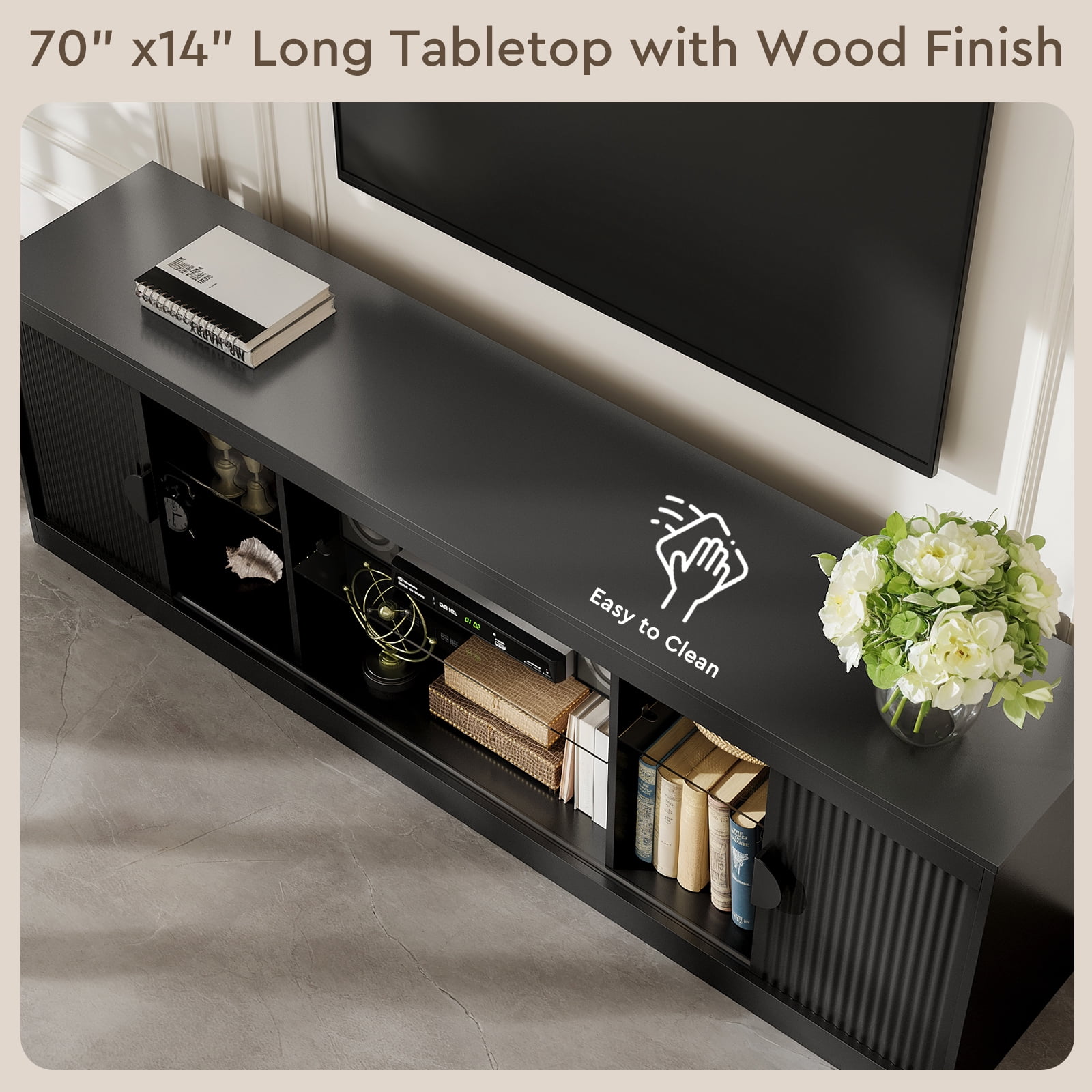 LGHM 70 inch Modern TV Stand for TVs up to 80", Fluted TV Console with LED Lights, Wood Entertainment Center, Black