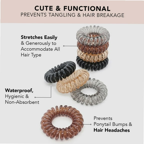 Large Spiral Hair Ties for Women - Waterproof Ponytail Holders for Teens | Stylish Phone Cord Hair Ties & Hair Coils for Girls | Coil Hair Ties for Thick Hair & Thin Hair, 8 Pcs (Brunette)