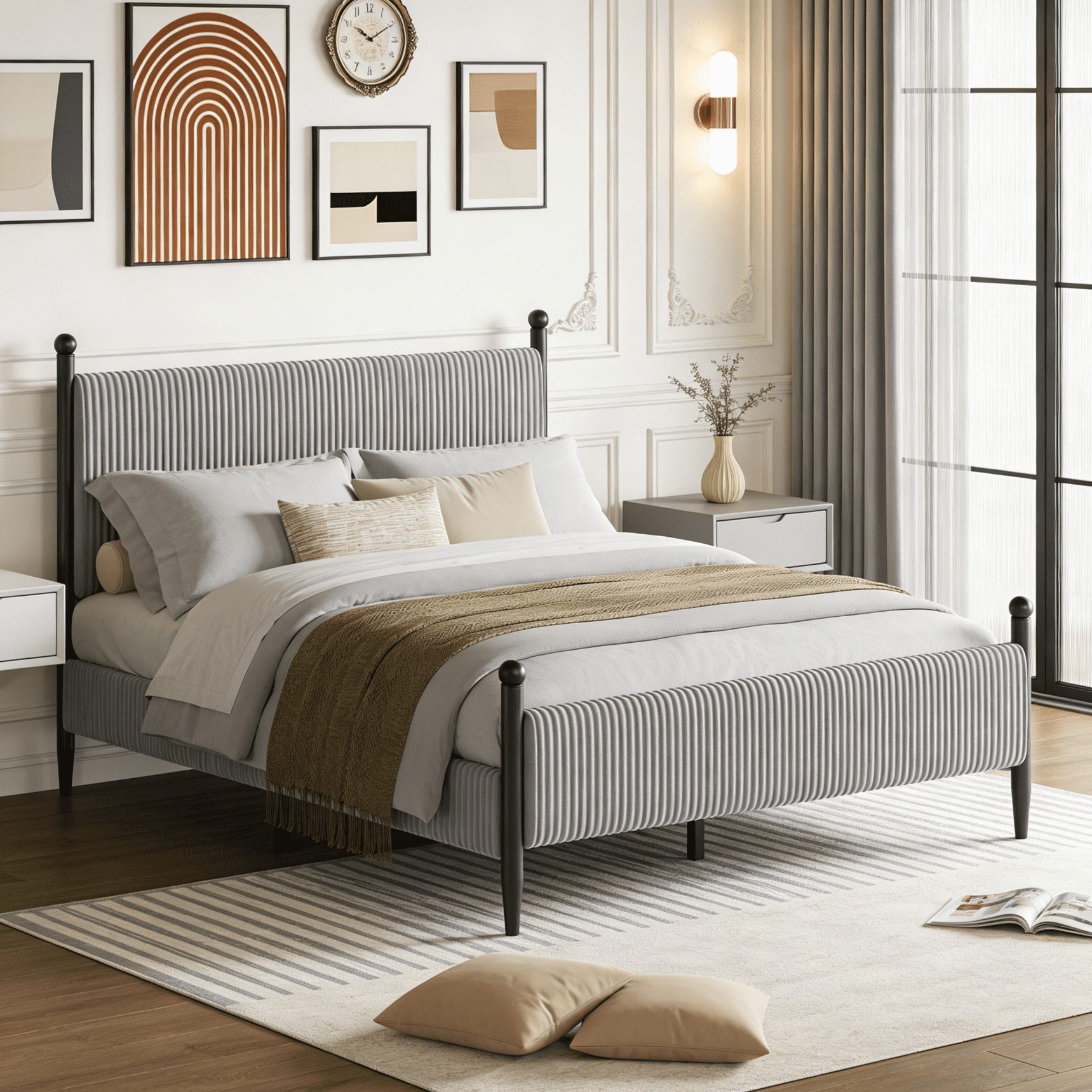 Full Size Upholstered Bed Frame with Velvet Headboard, Soft Corduroy Fabric Platform Bed with Wooden Slats Support, No Box Spring Needed, Grey
