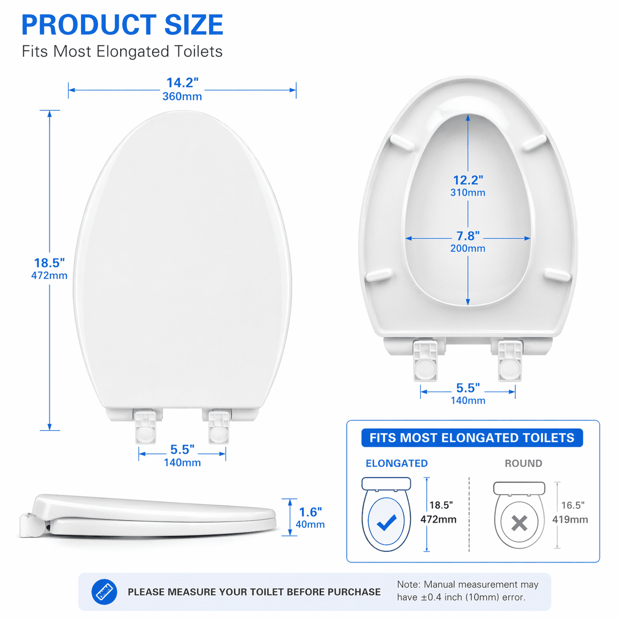 Easlet White Elongated Magnetic Quick Release Toilet Seat